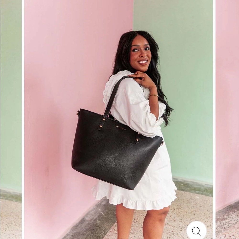 Poppy & Peonies Black Leather Tote with Minimalist Design - Picture 9 of 16